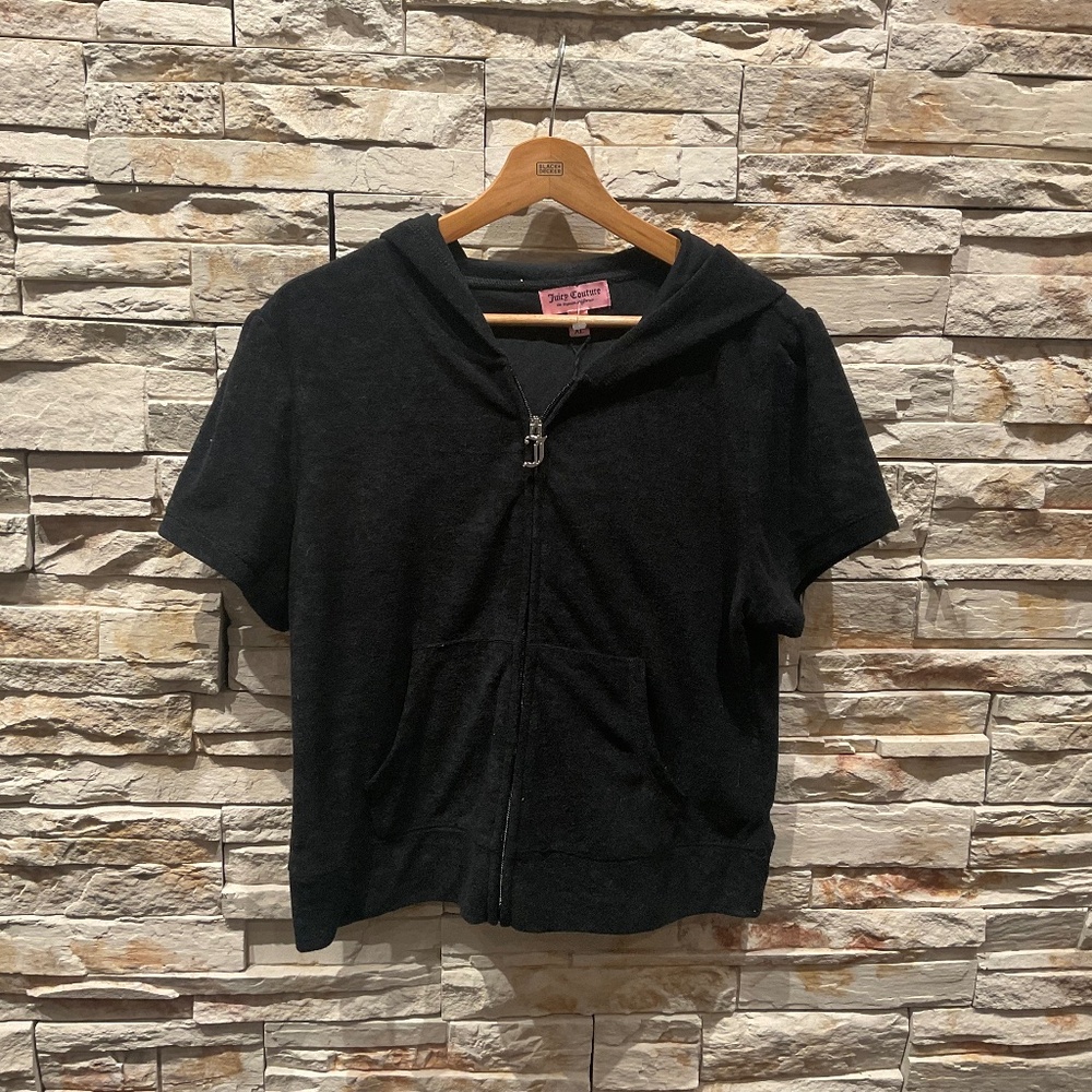 Juicy Couture Velour Terry Short Sleeve Zip Up  Black  Rhinestone  Hoodie, XL
